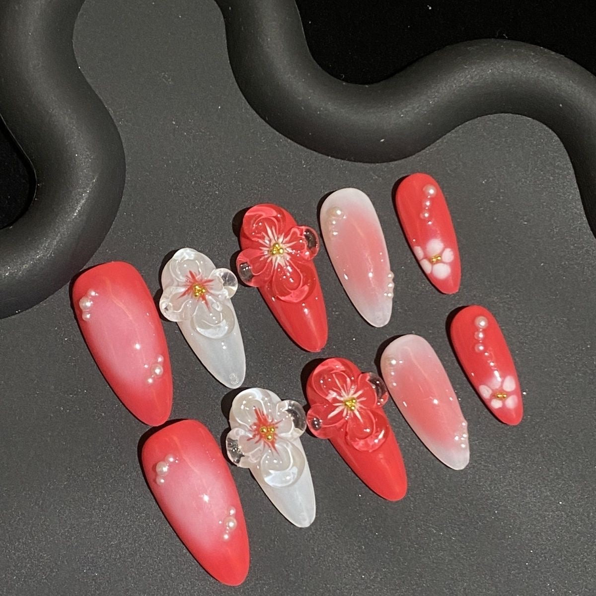 Summer 3d red flowers Almond Nails-XHS297