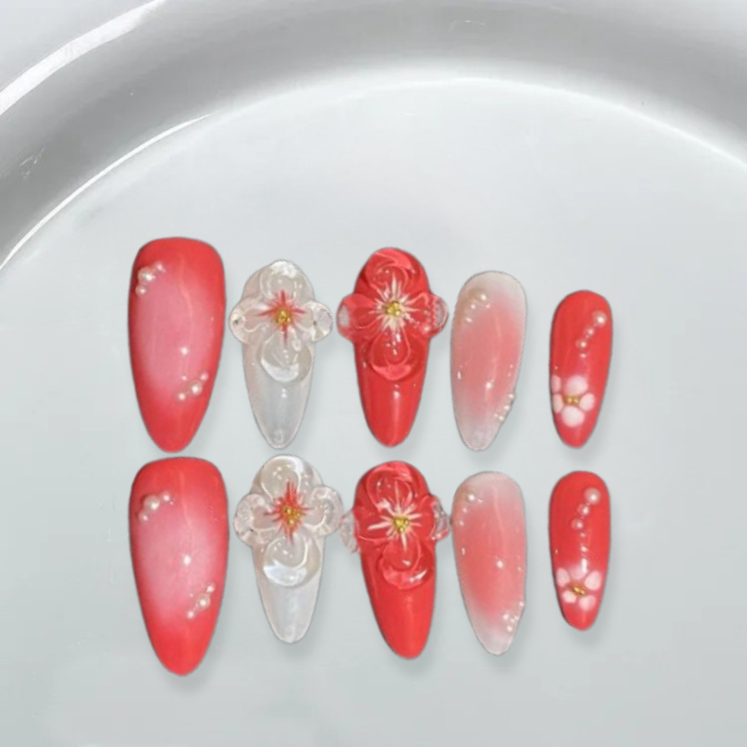 Summer 3d red flowers Almond Nails-XHS297