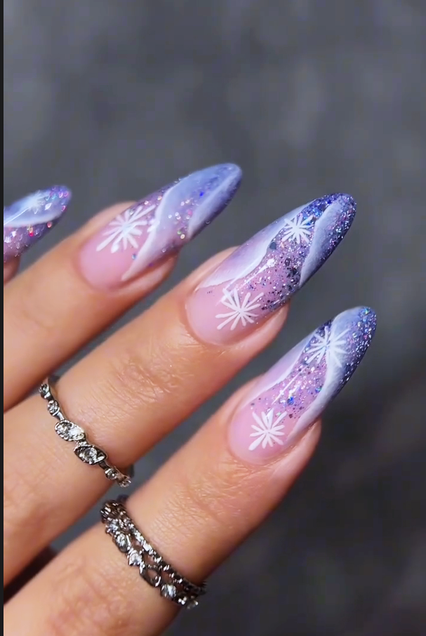 3D Snowflake Almond Nails